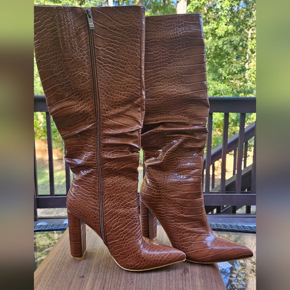 SIMMI London Dakota Tan Croc Print Ruched Knee Boots. Size 6 - Picture 6 of 14